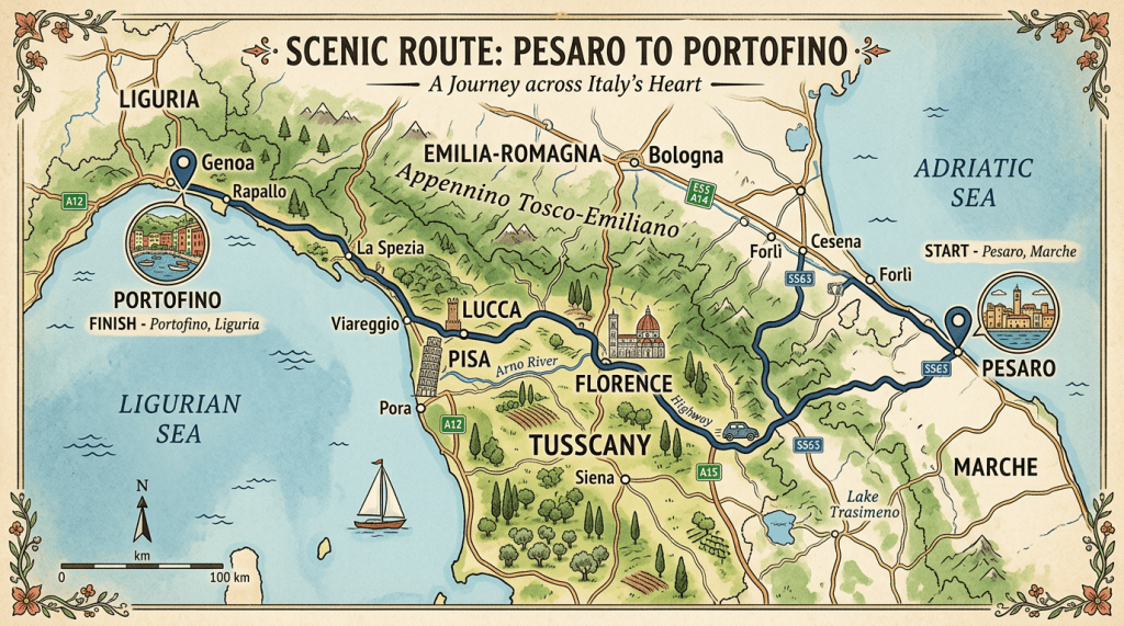 Map of scenic route from Pesaro to Portofino across Italy with key cities and landmarks